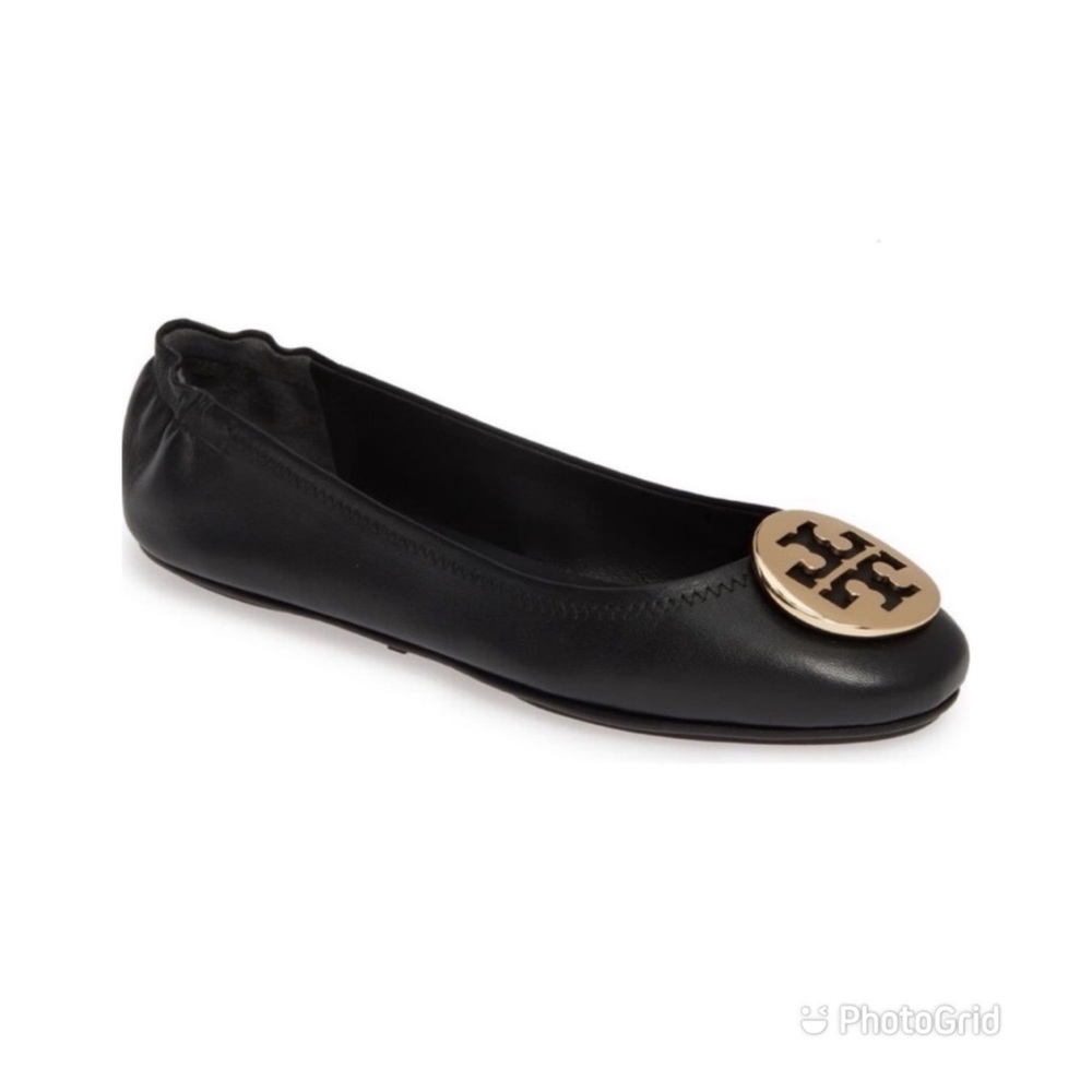 Tory Burch Classic Reva Ballet Flats in Black with Gold Logo Medallion Size 5